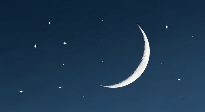 A breathtaking view of the dark nocturnal firmament featuring a glowing crescent moon and shimmering star constellations shining brightly throughout the serene cosmos during the quiet evening