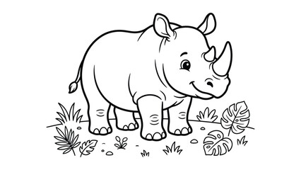 Cute baby rhinoceros standing in savanna grassland coloring page, cartoon safari wild rhino line art, tropical jungle foliage animal doodle for kids coloring book, outline vector illustration © BEGUMPIXEL