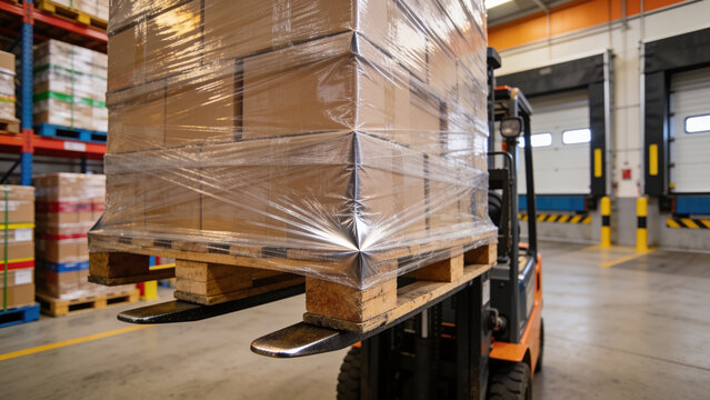 Forklift lifting a shrink wrapped pallet of boxed goods in a warehouse loading dock, illustrating logistics, warehousing and material handling operations.