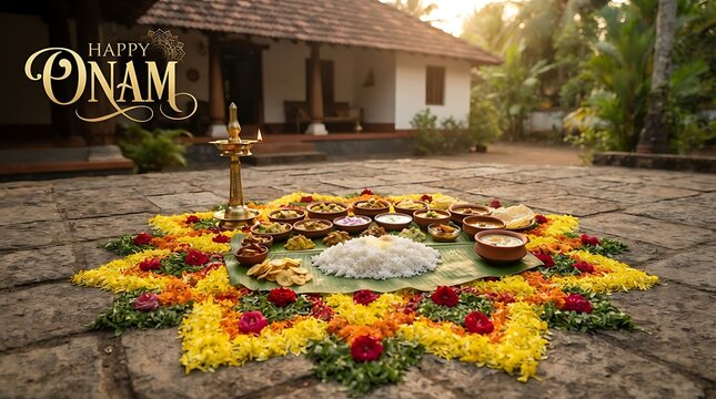 Traditional onam sadhya feast served on a banana leaf with floral pookalam and brass lamp