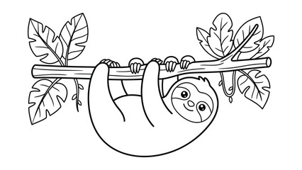 Cute baby sloth hanging upside down on tree branch coloring page, cartoon tropical rainforest animal line art, wild jungle foliage doodle for kids coloring book, outline vector illustration © BEGUMPIXEL