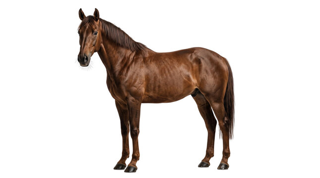 Horse standing still facing forward with an attentive expression against a clean solid background.