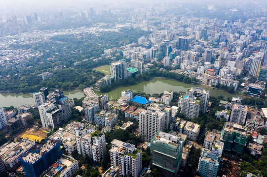 Aerial view of Gulshan 2 featuring high-rise residential buildings, dense urban development, and a central lake surrounded by lush greenery in Dhaka, Dhaka Division, Bangladesh.