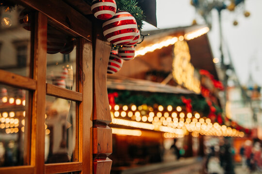 Christmas market decorations with garlands in Wroclaw, Poland