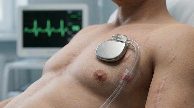 Close up of an external pacemaker device attached to a person's chest in a hospital