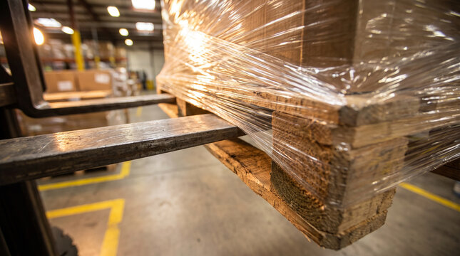 Forklift tine engaging a shrink wrapped wooden pallet on a warehouse floor, logistics and material handling in an industrial storage environment.