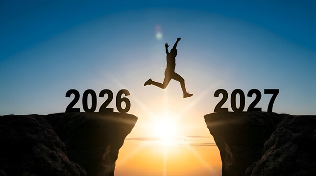 Silhouette of a person jumping across a gap between cliffs labeled 2026 and 2027 at sunrise