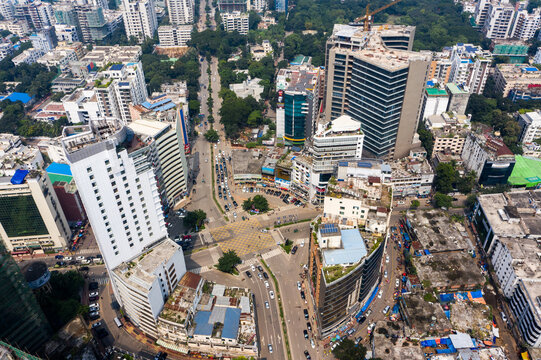 Aerial view of Gulshan 2 roundabout surrounded by high-rise commercial buildings and dense urban infrastructure in Dhaka, Dhaka Division, Bangladesh.