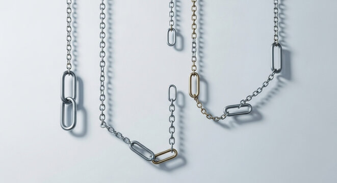 Various metallic chains hang gracefully and cast delicate shadows across a softly illuminated vertical surface to display luxury accessories for fashion enthusiasts worldwide