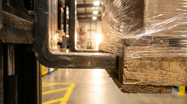 Close up of a forklift tine lifting a shrink wrapped pallet in a lit warehouse aisle, showing industrial equipment, packaging and loading activity for logistics use.