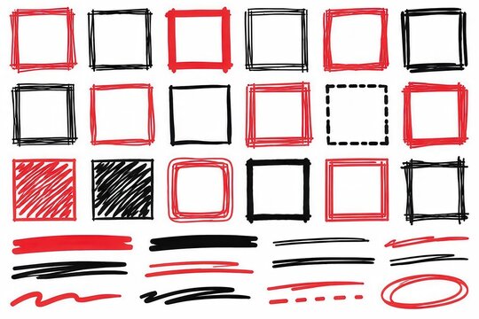 Hand-drawn red black square frame scribble strokes highlighter marker doodle collection for branding posters social media layouts graphic design projects