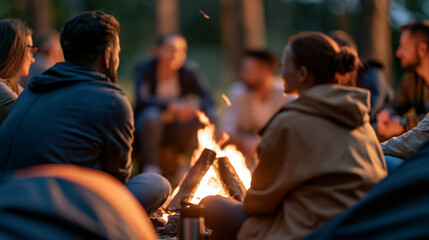 Fototapeta premium Young team sitting together by a campfire in nature, outdoor team building retreat, bonding, relaxation, adventure teamwork, with copy space
