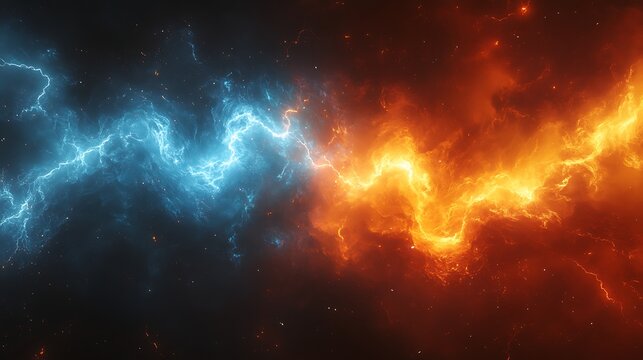 A vibrant electric lightning bolt splits a dark sky into contrasting blue and orange energy fields