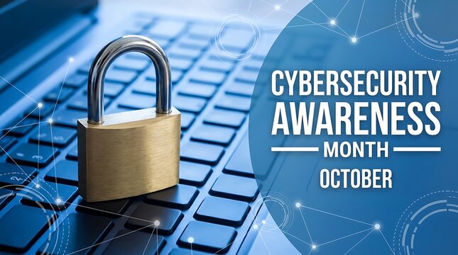 Brass padlock rests on laptop keyboard symbolizing cybersecurity awareness month in october for digital data protection and online safety education.