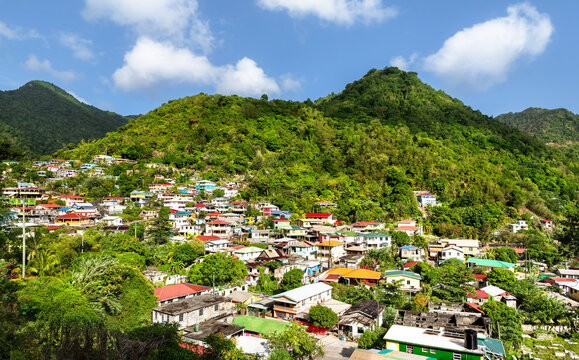 Colorful houses on the lush green hills of Soufriere village in Saint Mark Parish, Dominica