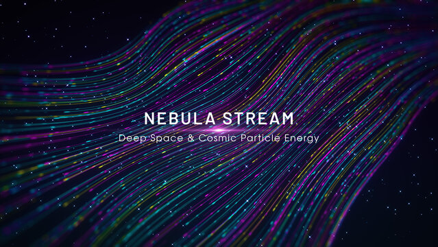 Cinematic event background featuring luminous blue, purple, and yellow particle waves flowing through deep space, with NEBULA STREAM and Deep Space and Cosmic Particle Energy titles.
