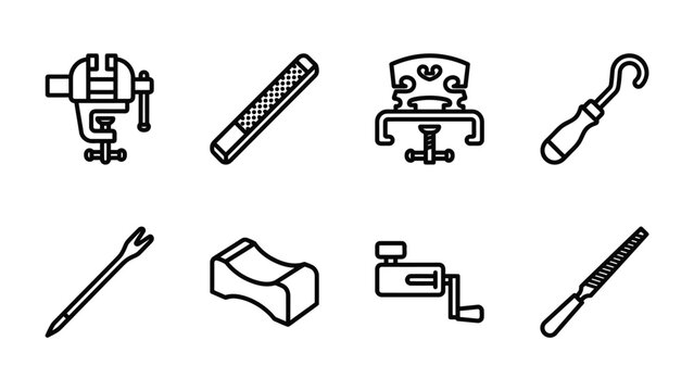 Set of Musical Instrument Repair Tools: A collection of essential tools for instrument repair, including a vice, file, bridge, pick, scraper, crank, and another file, presented in a clean.