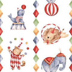 Circus. Watercolor hand-drawn seamless pattern with circus elephant, seal, lion, cat and vertically rhombus. Cute drawings print for kids. For design baby shower, birthday and nursery. © Nellya Egorova