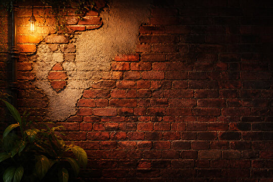 A dark, textured brick wall with an exposed, crumbling section illuminated by a single warm light bulb in the upper left corner.