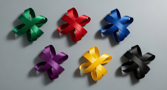 Colorful silk ribbons folded into decorative shapes are arranged neatly across a textured gray surface for celebration projects and festive greeting card designs requiring vibrant visual flair