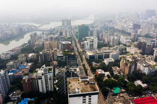 Aerial view of Gulshan 2 featuring modern high-rise buildings and dense urban development along the lake in Dhaka, Dhaka Division, Bangladesh.