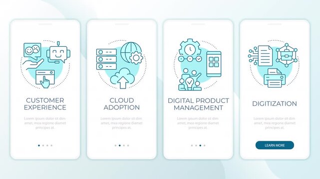 Streamlining continuous workflow automation animated mobile app onboarding. Driving digital transformation forward. Welcome screen UI. Carousel walkthrough animation with blue monochrome concept icons