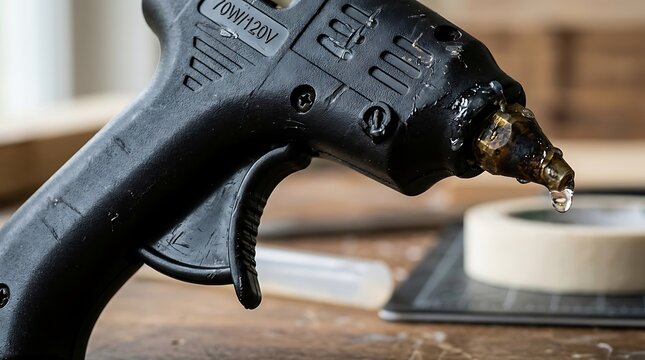 Black hot glue gun with molten adhesive dripping from the metal nozzle