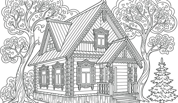 Russian wooden house izba vector coloring page featuring traditional carved windows porch and dense surrounding forest trees