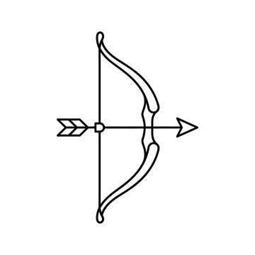 Archery bow and arrow set drawn as a stylized black line vector icon for sporting equipment hunting hobby tools competition gear and medieval combat weaponry.