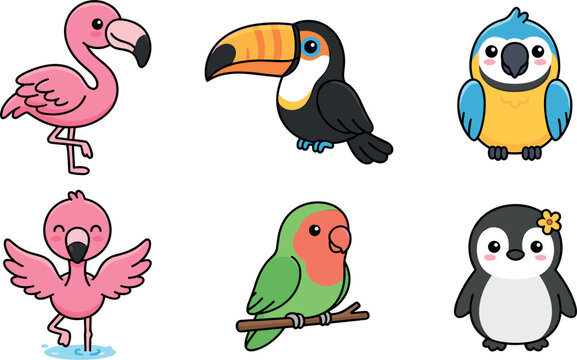 Cute Tropical Bird Vector Icon Set Featuring Adorable Kawaii Exotic Avian Characters for Summer Vacation Stickers, Children Book Layouts, and Nursery Room Decor