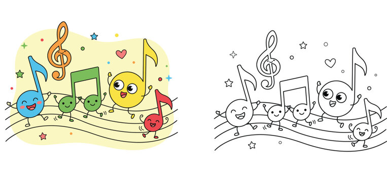 Cute Dancing Musical Note Characters Coloring Page and Colored Illustration Set - Kids Activity and Design Element Bundle