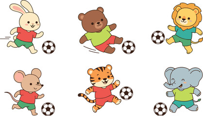 Obraz premium Cute Animal Playing Soccer Vector Icon Set Featuring Adorable Kawaii Sports Characters for Kids Birthday Invitations, Team Graphics, and Sticker Designs