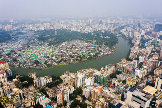 Aerial view of Gulshan 2 area showing the contrast between dense residential buildings and the green park area along the lake in Dhaka, Dhaka Division, Bangladesh.