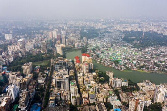 Aerial view of Gulshan 2 featuring modern high-rise buildings, dense residential areas, and a central lake in Dhaka, Dhaka Division, Bangladesh.