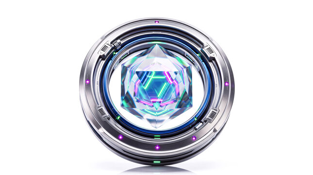 Futuristic Crystal Lens with Neon Blue and Pink Light Reflections, 3D Render on White Background
