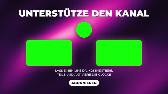 Animated end screen template in German with glowing purple neon backdrop. Green chroma key placeholders and subscribe button deliver call to action: like, comment, share and ring the bell.