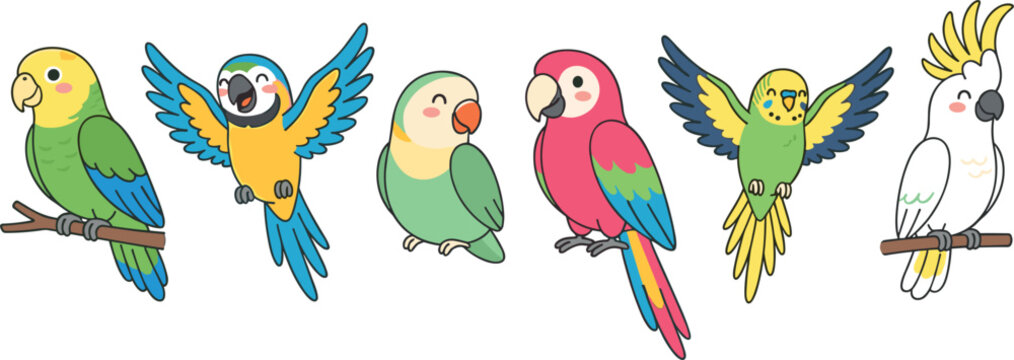 Cute Tropical Parrot and Exotic Bird Vector Icon Set Featuring Adorable Kawaii Parakeets, Macaws, and Cockatoos for Summer Stickers, Patterns, and Nursery Decor