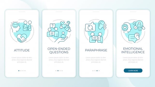 Empathy driven communication animated mobile app onboarding. Inclusive dialogue framework. Conversation strategy. Welcome screen UI. Carousel walkthrough animation with blue monochrome concept icons