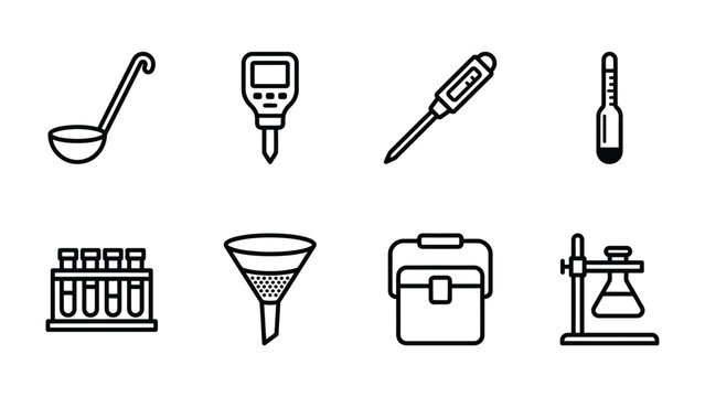 Laboratory Equipment Icons: A collection of stylized line art icons representing essential laboratory tools and equipment, including a ladle, pH meter, thermometer, test tubes, funnel, cooler.
