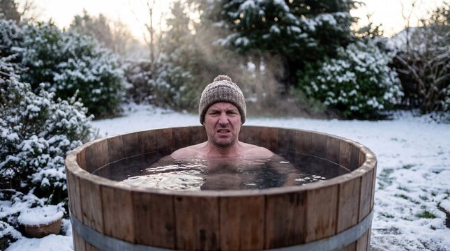 Man experiencing cold water immersion in wooden tub in snowy garden for wellness