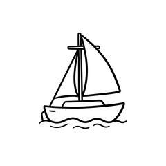 Nautical sailboat line icon depicts vessel navigating ocean waves with detailed sails and rigging designed for travel themes and maritime recreational concepts. © workdesgin
