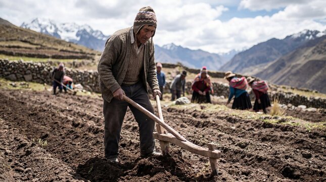 Man planting potatoes in Andean field with traditional farming techniques