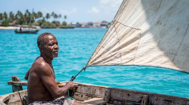Man sailing traditional dhow boat in turquoise waters for cultural experience