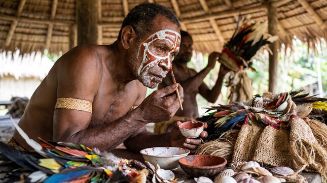 Man performing traditional Papua New Guinea ritual with colorful decorations and natural setting