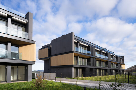 Modern hillside residential apartment complex with balconies