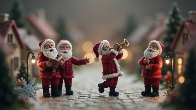 Santa Claus figurines carol singing in snow village. Miniature figures playing trumpet and holding songbooks on snowy street. Festive holiday photography for Christmas greeting cards.