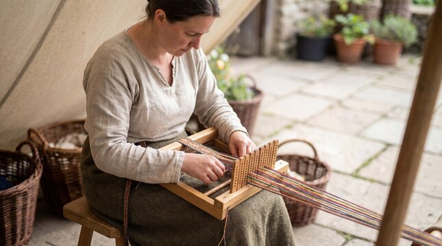 Woman weaving with hand loom in outdoor setting traditional craft session