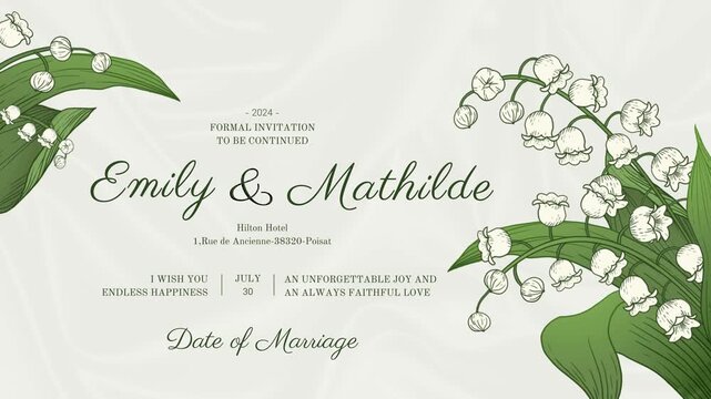 Wedding invitation template featuring elegant hand-drawn white lily of the valley botanical illustrations and soft green watercolor background details.