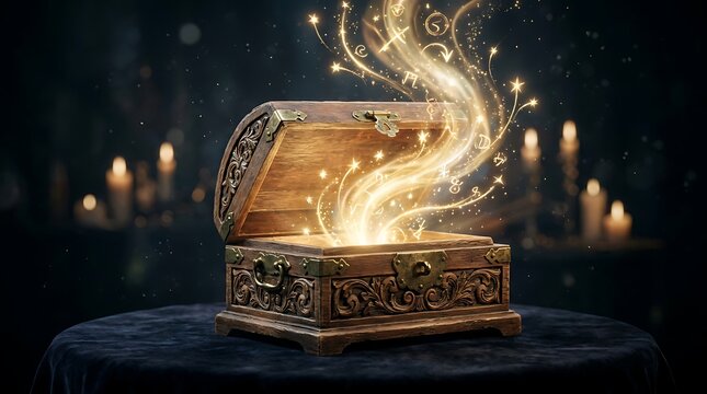 Ancient ornate book emitting magical light surrounded by flickering candles in darkness