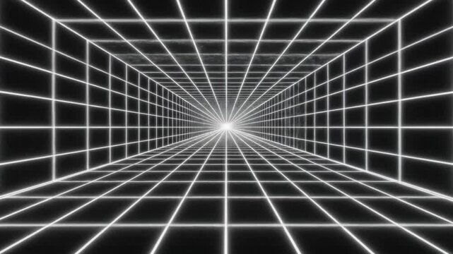 Glowing neon grid tunnel with vanishing point in futuristic black space